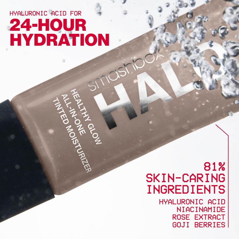 Smashbox Halo Healthy Glow Tinted Moisturizer with SPF 25 | 24-Hour Hydrating Buildable Coverage with a Natural Dewy Finish, Hyaluronic Acid & Niacinamide, Medium Tan, Travel Size, 0.41 Fl Oz