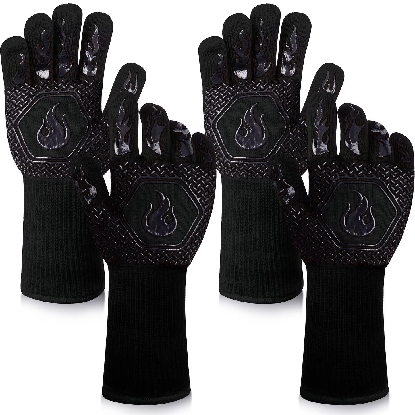 BBQ Fireproof Gloves, Grill Cut-Resistant Gloves 1472Â°F Heat Resistant Gloves, Non-Slip Silicone Oven Gloves, Kitchen Safe Cooking Gloves for Oven Mitts,Barbecue,Cooking, Frying, Blackï¼2 Pairsï¼
