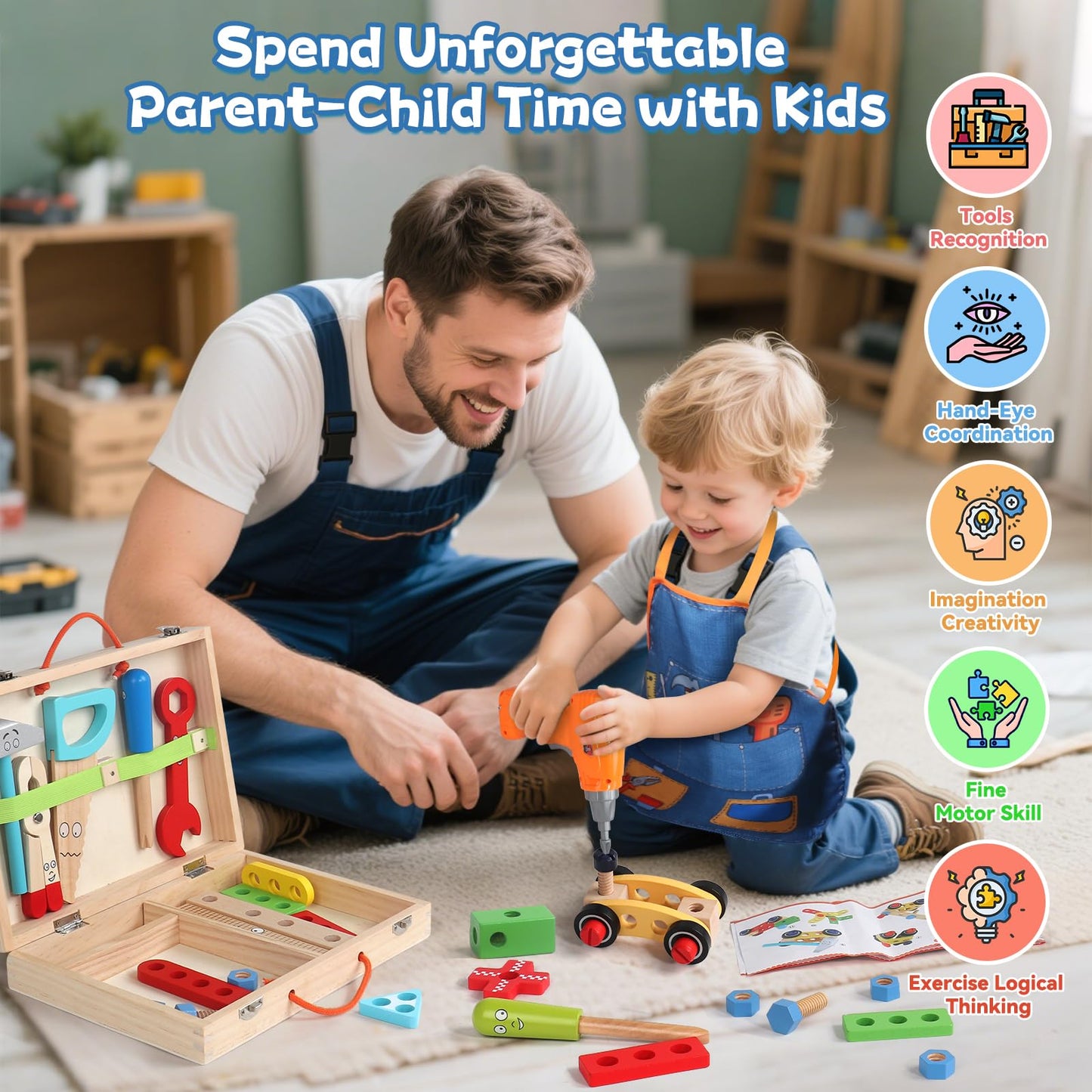 Kids Tool Set with Drill, Educational Montessori Toys for 3 Year Old Boys 44 Pcs STEM Kids Toys Wooden Toddler Tool Set with Apron & Box Christmas Birthday Gifts for 3 4 5 Year Old Boy Girl