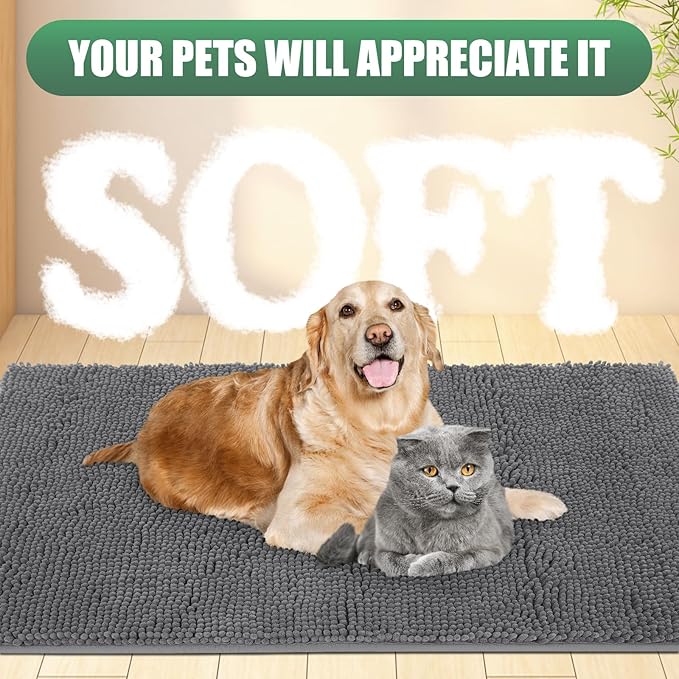 IM HOME 2 Pieces Chenille Absorbent Outdoor Doormat 30" x 20", Washable Muddy Door Mats for Dog Non Slip Indoor Doormats Dog Mat for Muddy Paw Front Inside Doormat for Entryway Grey