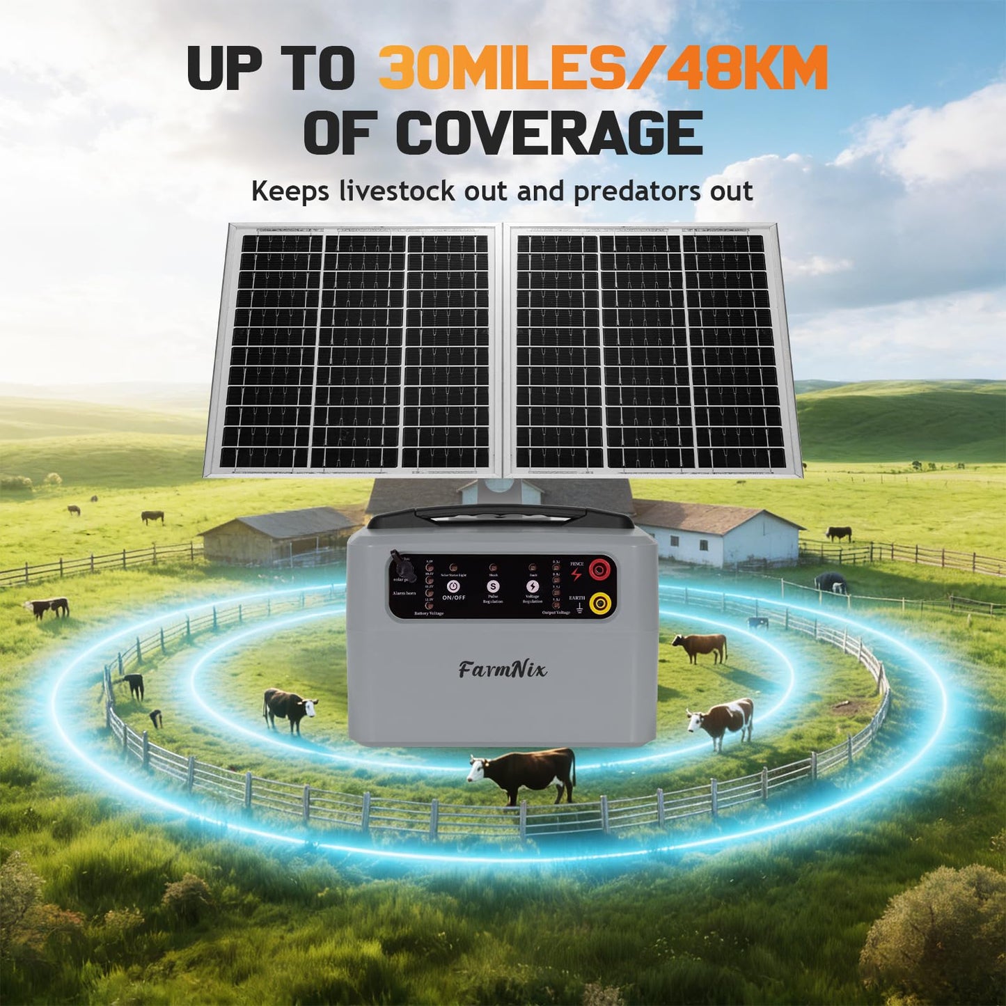 30 Miles/48km Solar Electric Fence Charger,15W Solar Powered Fencer with Adjustable 6KV to 12KV Output (0.3J-1.5J),Battery Level LCD Display,All-Weather Kit for Livestock,Deer,Farm,Yard