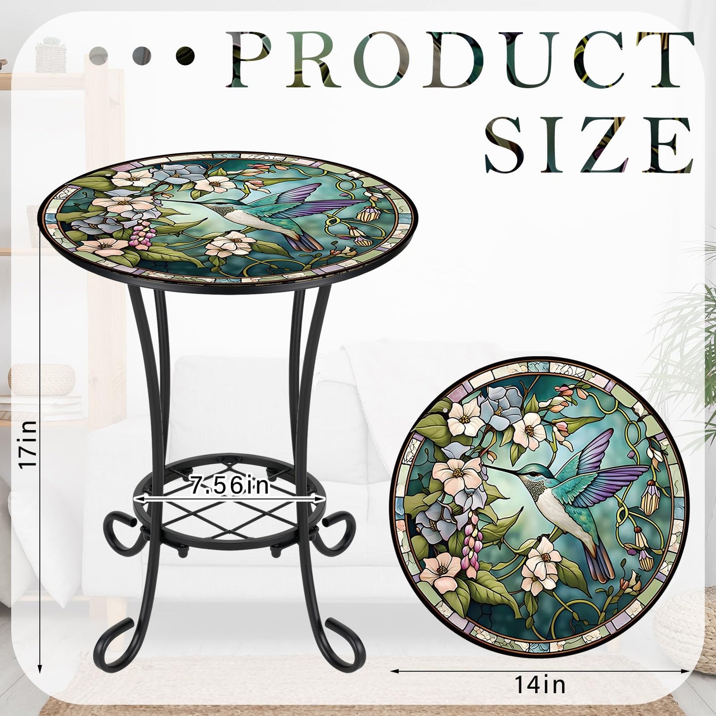 Cinnvoice Outdoor Side Table 2-Tier Round Small Mosaic Patio Accent Indoor End Plant Coffee Tea Table for Yard Patio Porch Garden Living Room, Bedroom(Hummingbird Style,14 Inch)