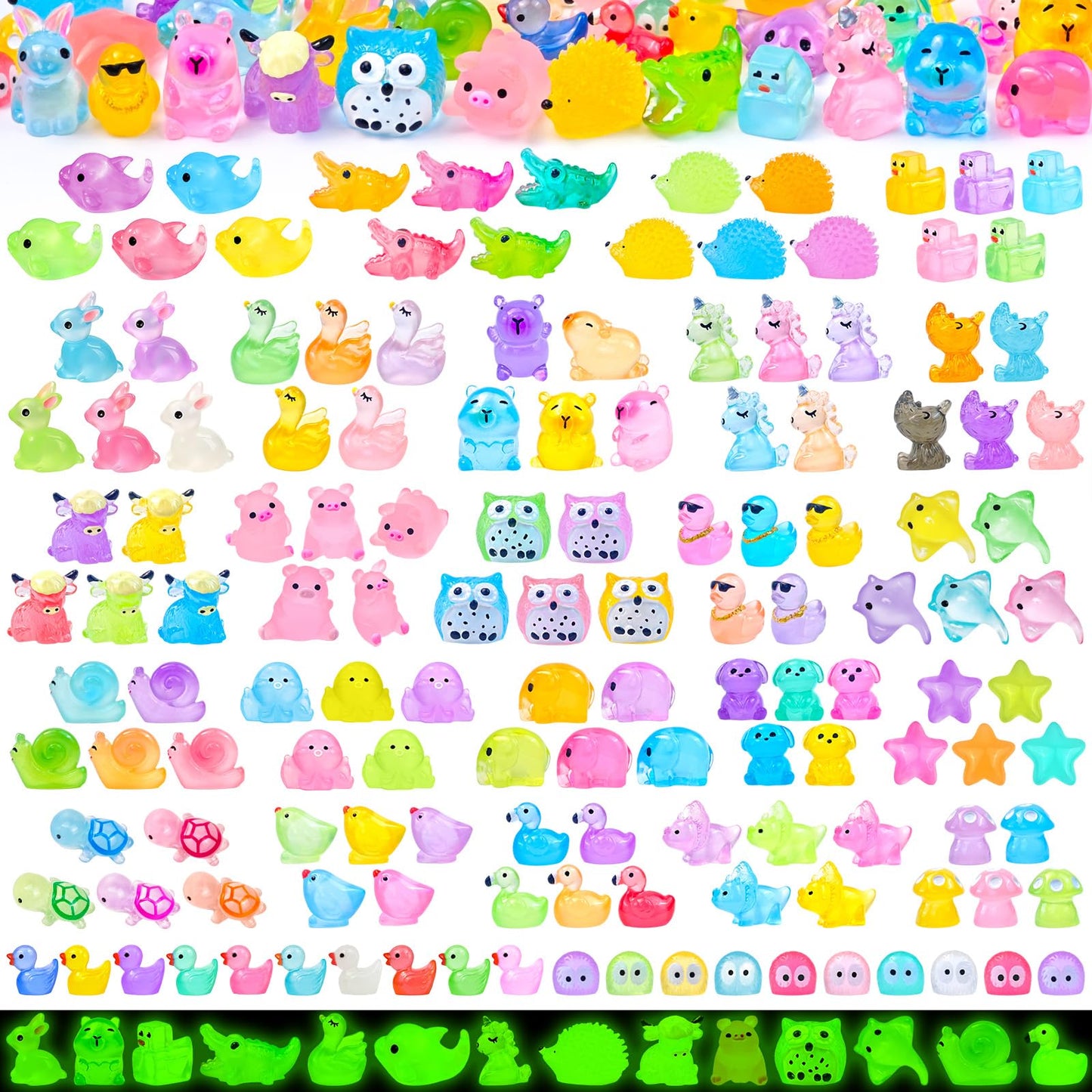 Feivando 160 Pcs Luminous Mini Resin Animal Figures Glow in the Dark Small Little Tiny Ducks Animal Miniature Figurines for Crafts Fairy Garden Accessories Micro Landscape Decoration