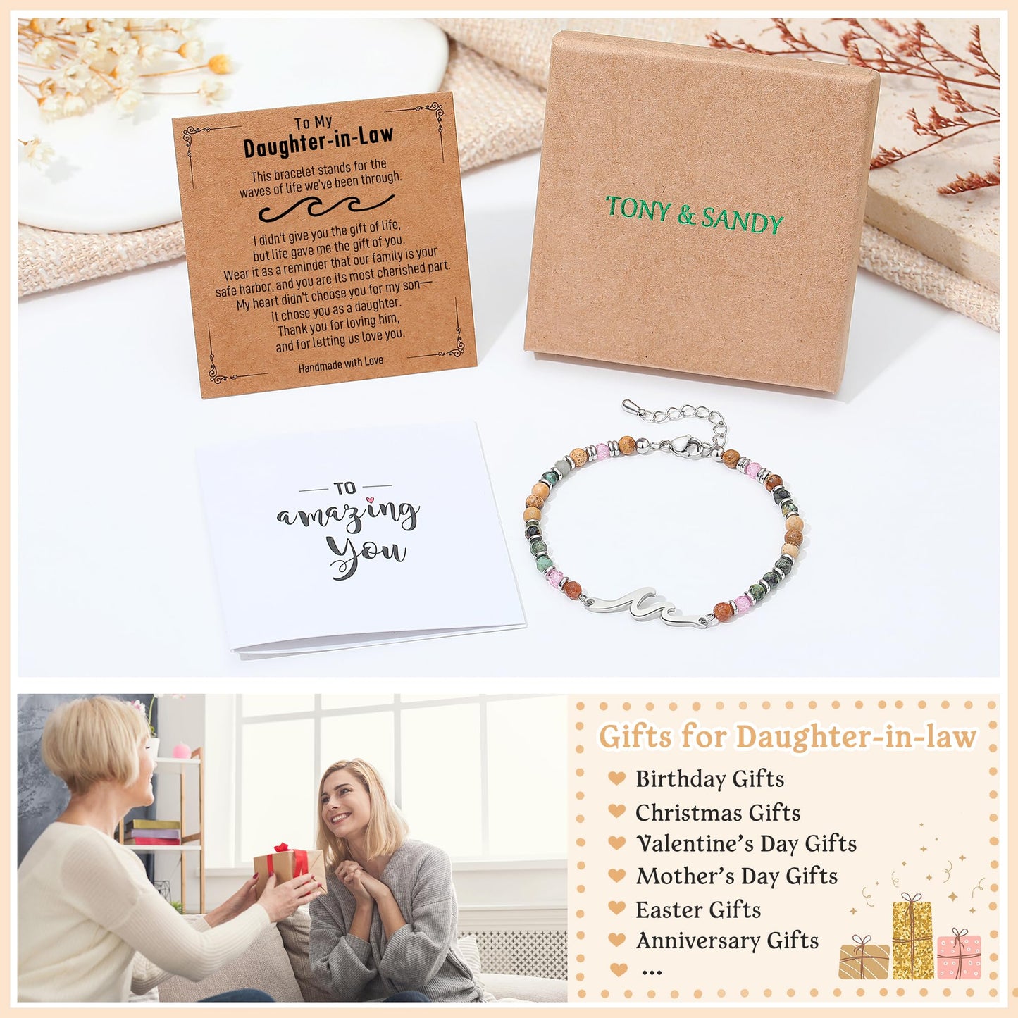 TONY & SANDY Daughter in Law Gifts, Wedding Birthday Gifts for Daughter in Law, Wave Bracelet for Women, Unique Christmas Valentines Mothers Day gift for Bonus Daughters from Mother-in-Law