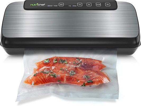 NutriChef Stainless Steel Vacuum Sealer For Food - High-Power Machine with Adjustable Suction, Dry & Moist Modes, LED Lights, Bags, Wine Stopper & Hose, Easy Plug-in Design, Lab-Tested Food Storage