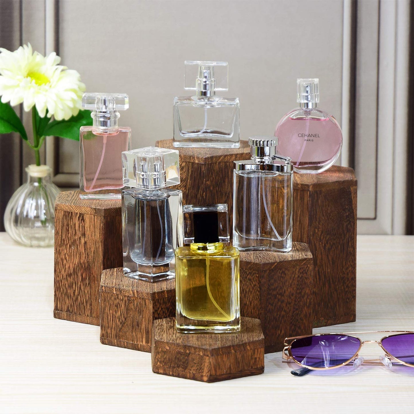 MOOCA Wooden 6 Pcs Hexagon Risers for Display Jewelry and Accessories Display Stand, Brown