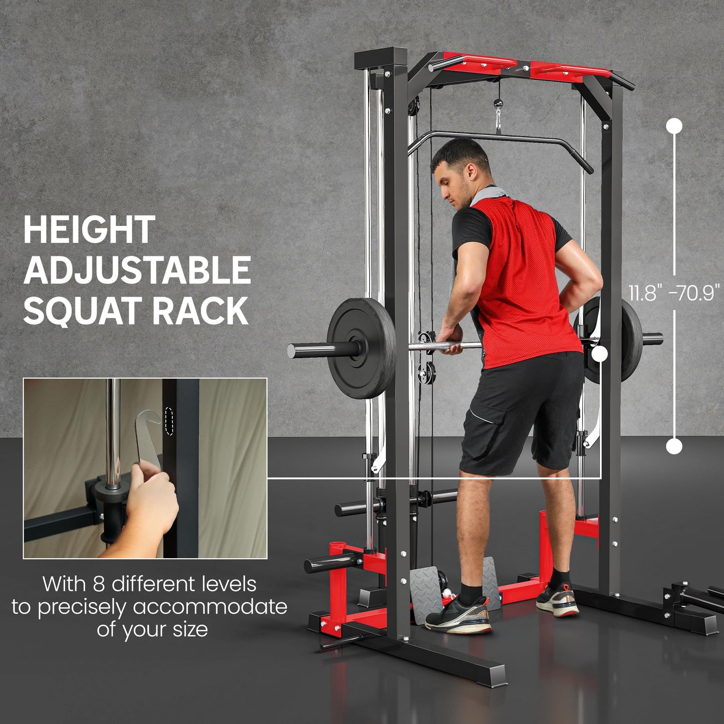Soozier Power Cage Smith Machine, Multi-Function Power Rack with Pull Up Bar, LAT Pull Down System and Squat Rack, Barbell Bar, Plate Storage Posts, Landmine, for Home Gym