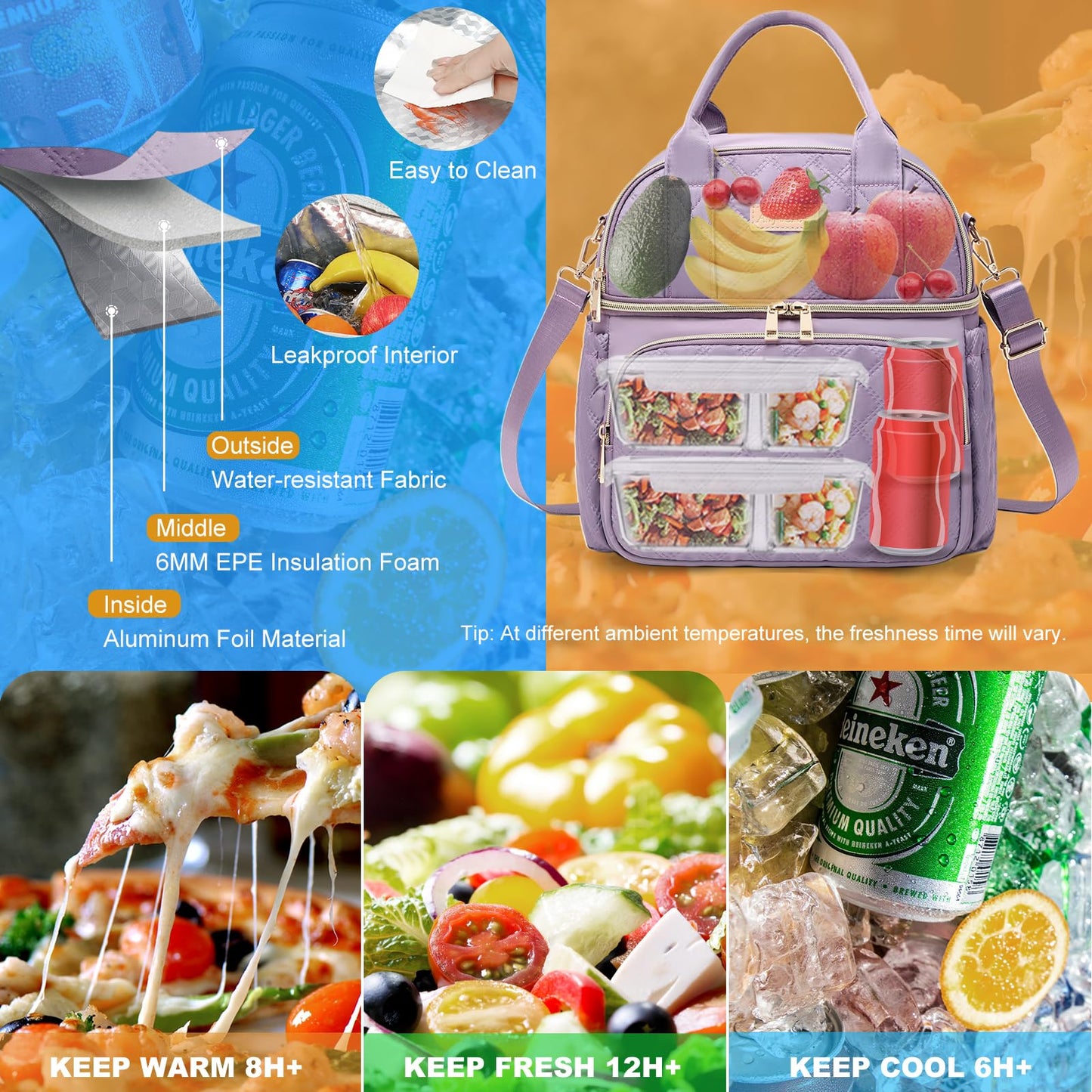 AIJIEKE Large Insulated Lunch Bag for Women, Double Compartment Leakproof Lunch Box for Work Office, Reusable Cooler Tote with Adjustable Strap & Side Pockets for Adults Picnic Beach, Purple