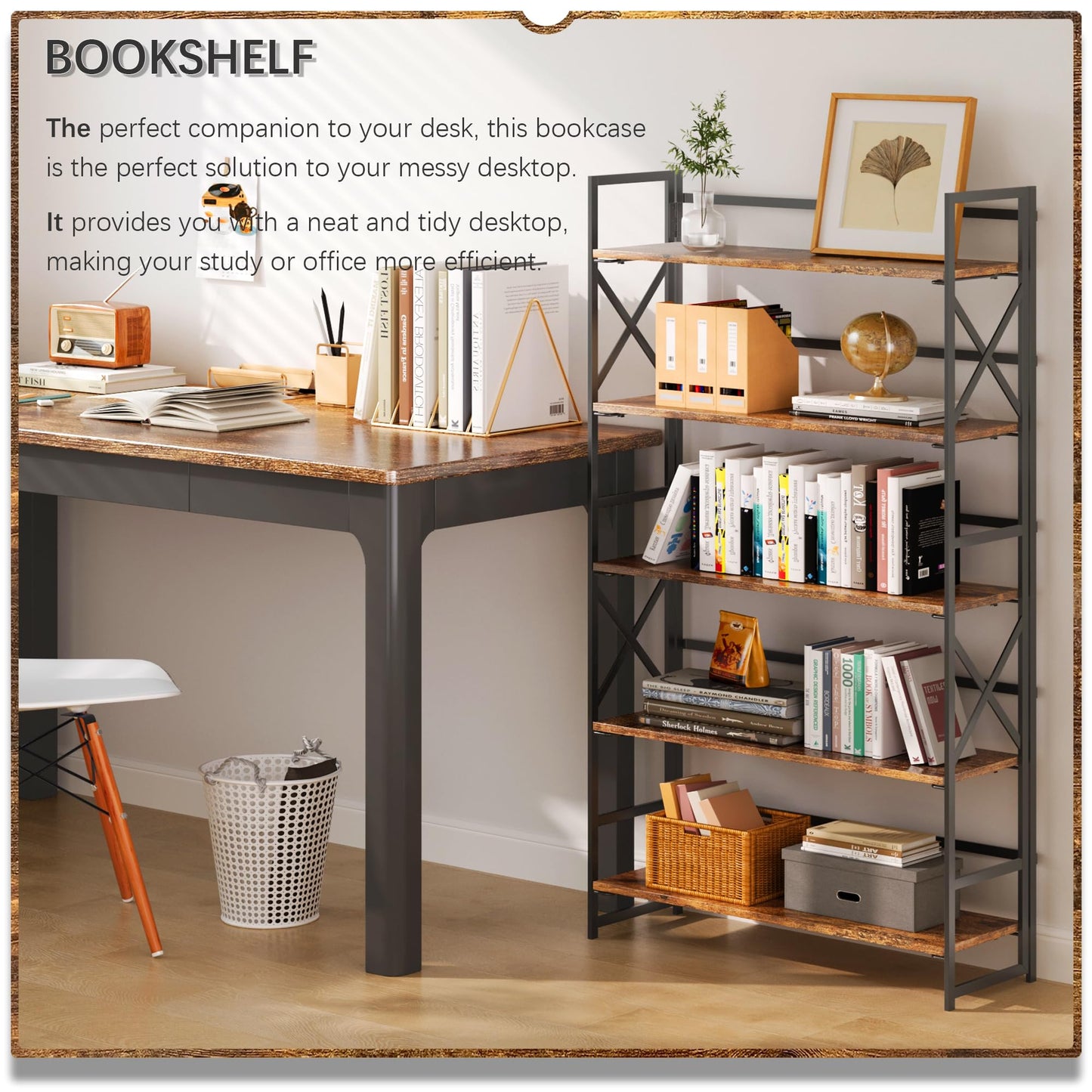 4NM Extra Wide 5 Tiers No Assembly Book Shelves, 51.2" H Folding Bookshelf Bookcase Open Industrial Foldable Shelves for Bedroom, Living Room, Home Office - Rustic Brown Black