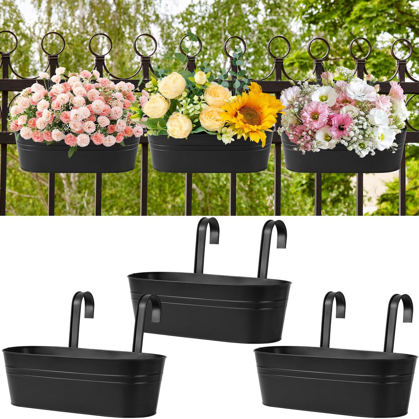 Zishine 15.7 Inch Metal Iron Hanging Flower Pots 3 Pcs Iron Railing Fence Planter with Drainage Holes and Hooks Metal Hanging Bucket Pots for Porch Railing Balcony Fence(Black) (3, Black)