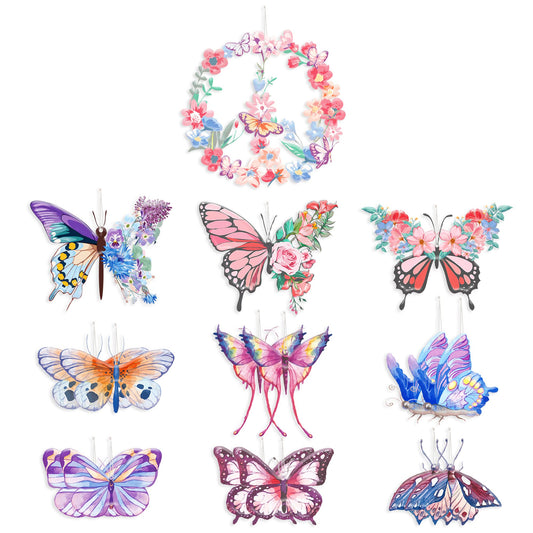 16Pcs Butterfly Ornaments Floral Flower and Butterflies Wreath Acrylic Hanging Tree Ornament Pendant Garland Banner for Spring Summer Wedding Bridal Shower Baby Shower Tea Party Nursery Decorations