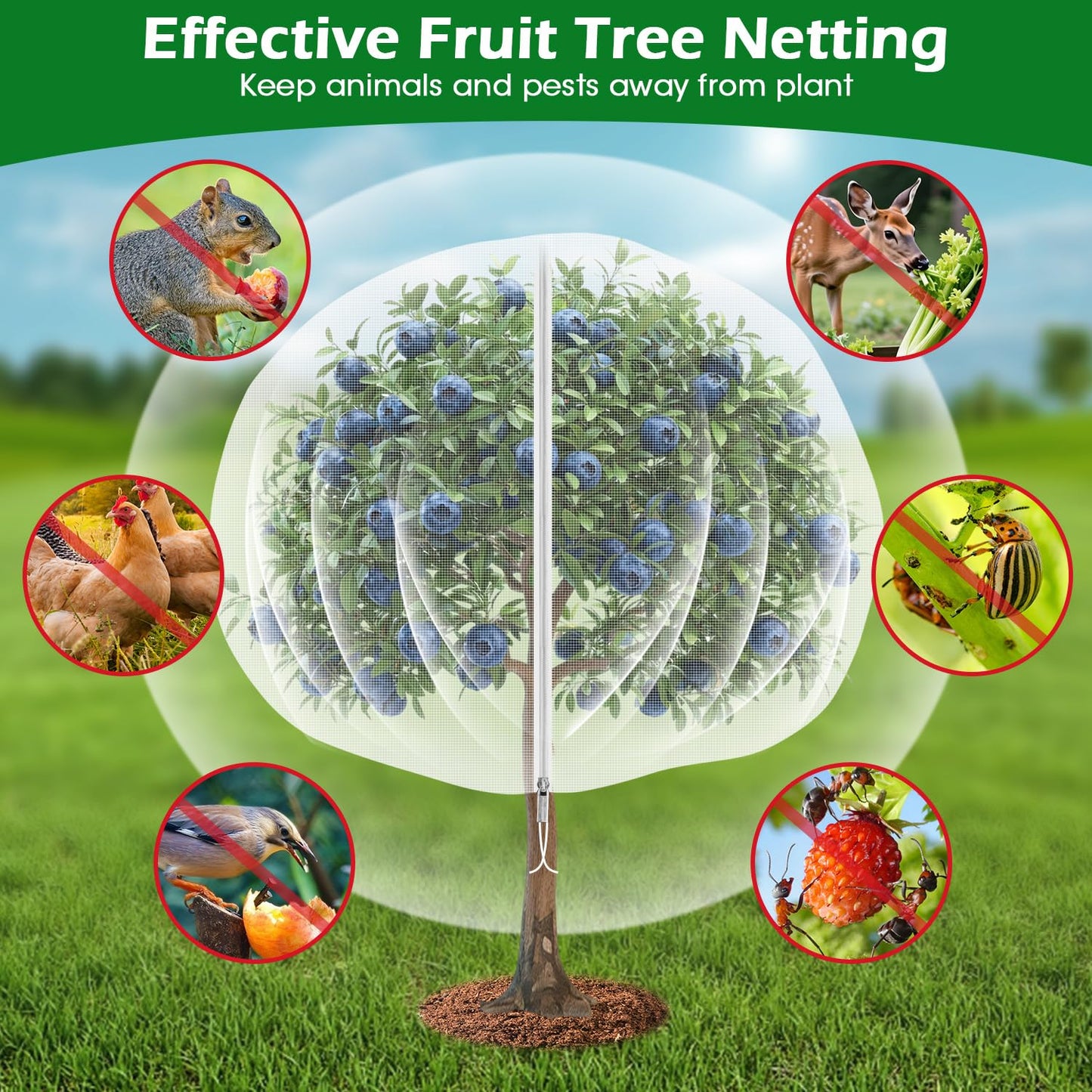 10'x10' Fruit Tree Netting Cover with Zipper and Drawstring, Ultra-Fine Mesh Garden Plant Insect Pest Net Barrier Protection Covers to Prevent Squirrel Bird Deer Cicadas Bag for Blueberry Tomato-2pcs