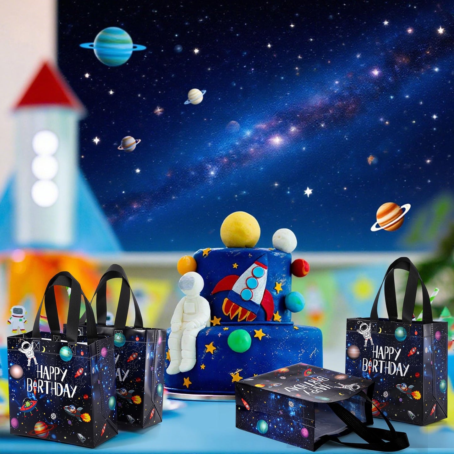 Tiamon 30 Pcs Outer Space Birthday Party Favor Bags Bulk Space Happy Birthday Gift Bags with Handles Reusable Non Woven Planet Goodie Treat Astronaut Present for Galactic Solar System Party Supplies