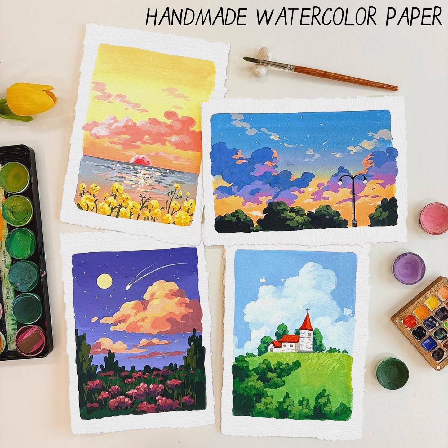 ZAYOUAU 100 Sheets Watercolor Paper, 8.5 x 11 inch White Cotton Handmade 300 GSM Rough Textured Paper Deckled Edge Paper for Watercolors/Wedding Invitations/Cards/Crafts