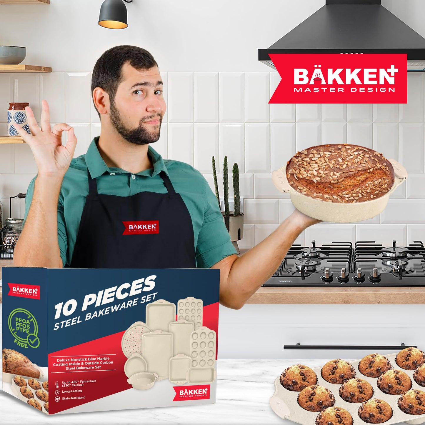 BAKKEN Kitchen Oven Baking Pans - Nonstick Gray Coating, Carbon Steel Bakeware Set with White Silicone Handles, Commercial Restaurant Quality Pans, PFOA, PFOS, PTFE Free, Oven Safe (450° F), Set of 10