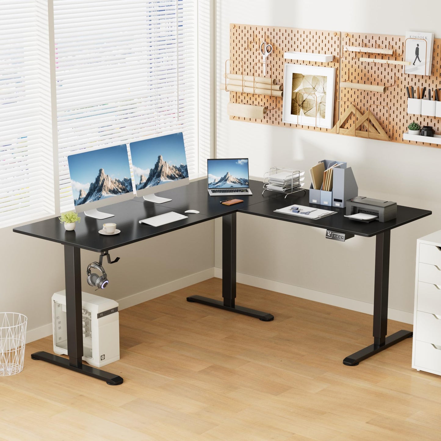 Shahoo L-Shaped Corner Standing Desk, Electric Height Adjustable Table, Home Office Workstation, 63 x 55 Inch, Black