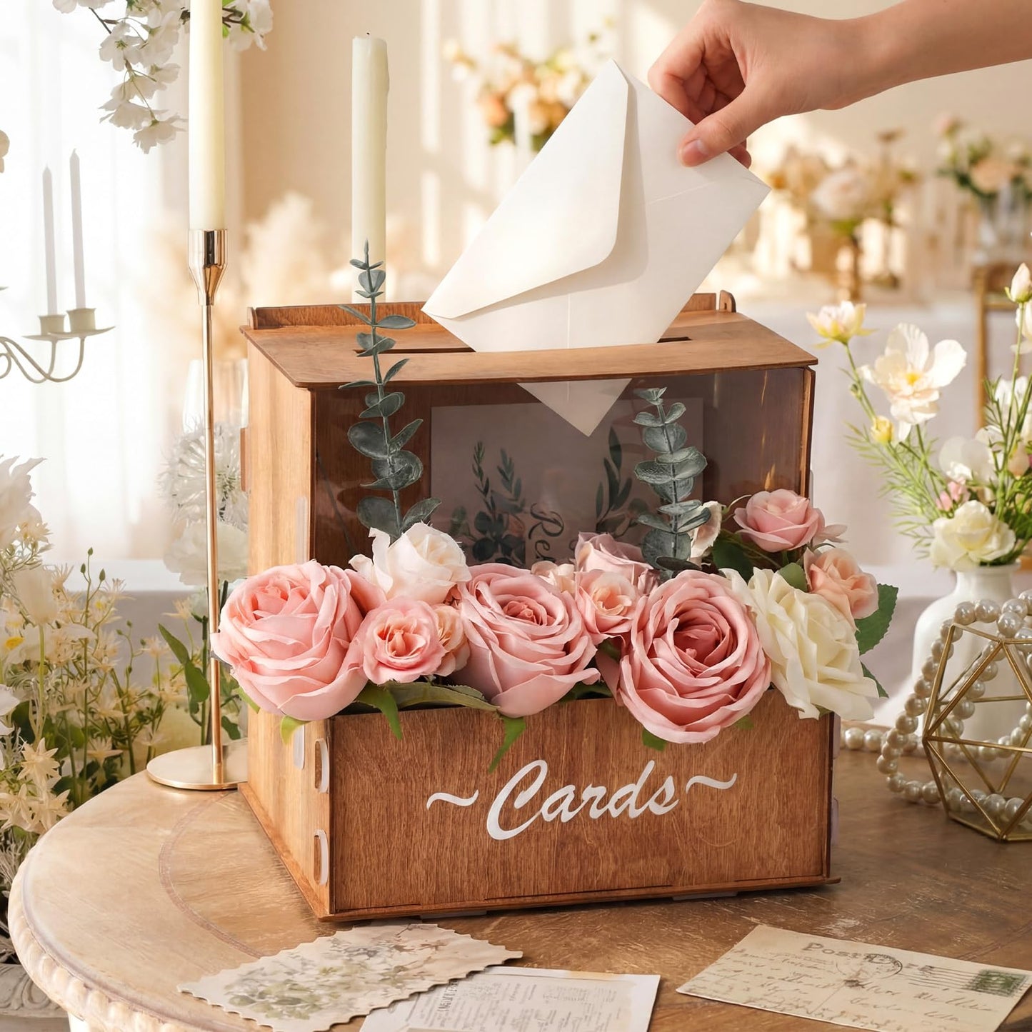 AceOrbit Wooden Rustic Wedding Card Box for Reception with Acrylic Window & Flower Holder, 9.8" Wood Money Gift Card Box with Slot, Holds 250 Cards, for Honeymoon Fund Graduation Baby Shower Party
