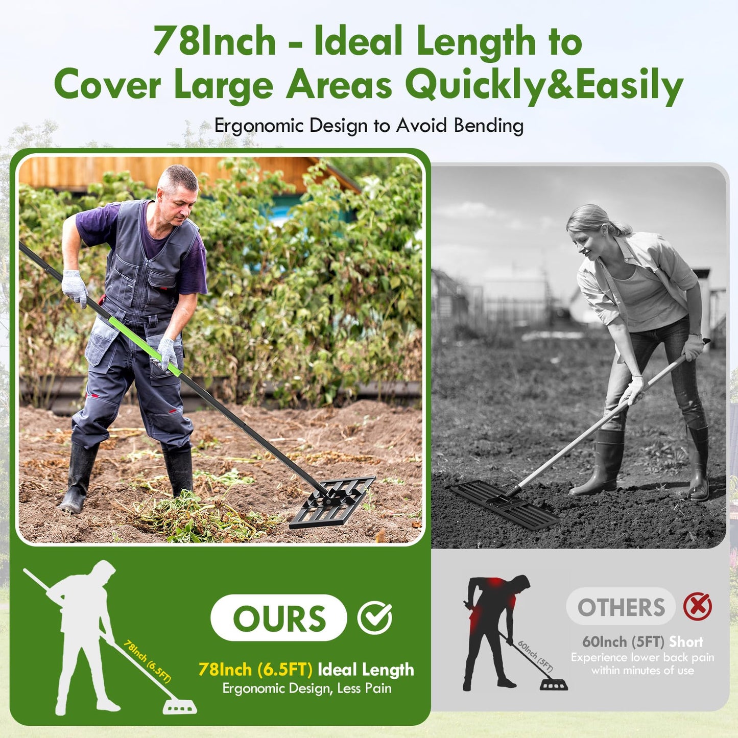 Seeutek Lawn Leveling Rake, 17” x 10” Lawn Leveler with 6.5FT Stainless Steel Handle Rakes for Lawns, 0-180° Adjustable Ground Leveler Tool for Yard, Level Soil Sand Dirt Surfaces