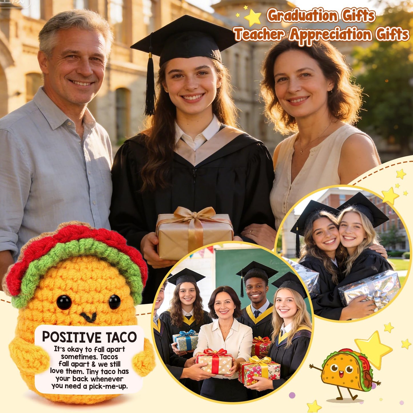 Positive Crochet Taco Birthday Gifts for Women Men Teacher Appreciation Mothers Day Graduation Gift Adult Kids Son Mom Dad Daughter Sister Friend Coworkers Self Care Card Inspirational Support