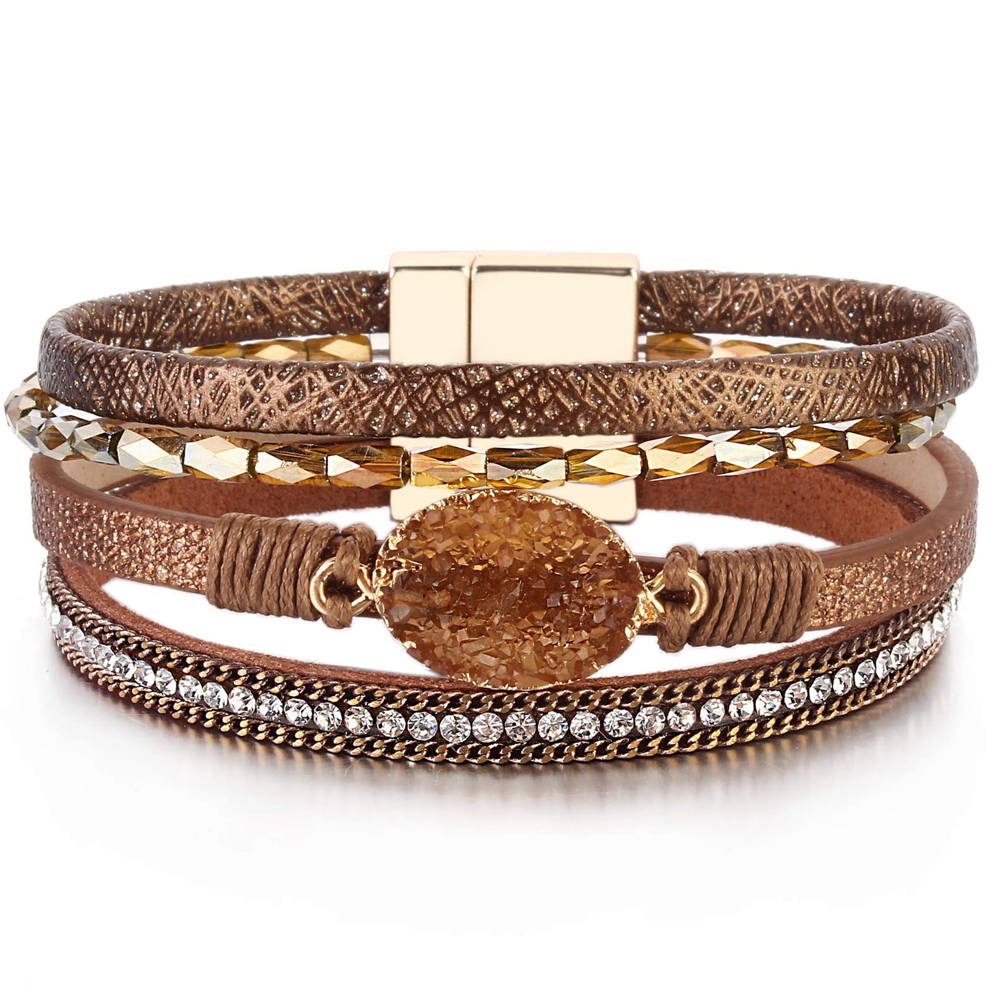 FANCY SHINY Boho Leather Wrap Bracelet Stackable Chunky Crystal Cuff Bracelets with Magnetic Clasp Cowboy Cowgirl Western Summer Beach Outfits Jewelry Gifts for Women (7.7", Brown)