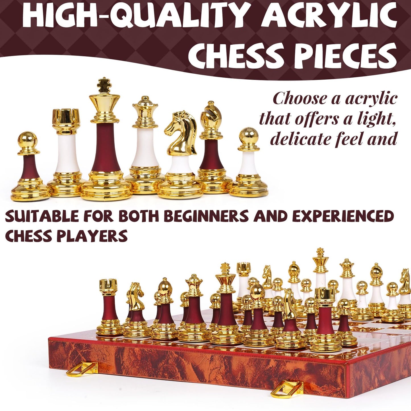15 Inch Chess Set with Weighted Acrylic Chess Pieces – Tournament Size 3.5” King – Elegant Folding Chess Board for Adults and Kids, Professional Family Chess Board Game Set for Home, Office & Gift