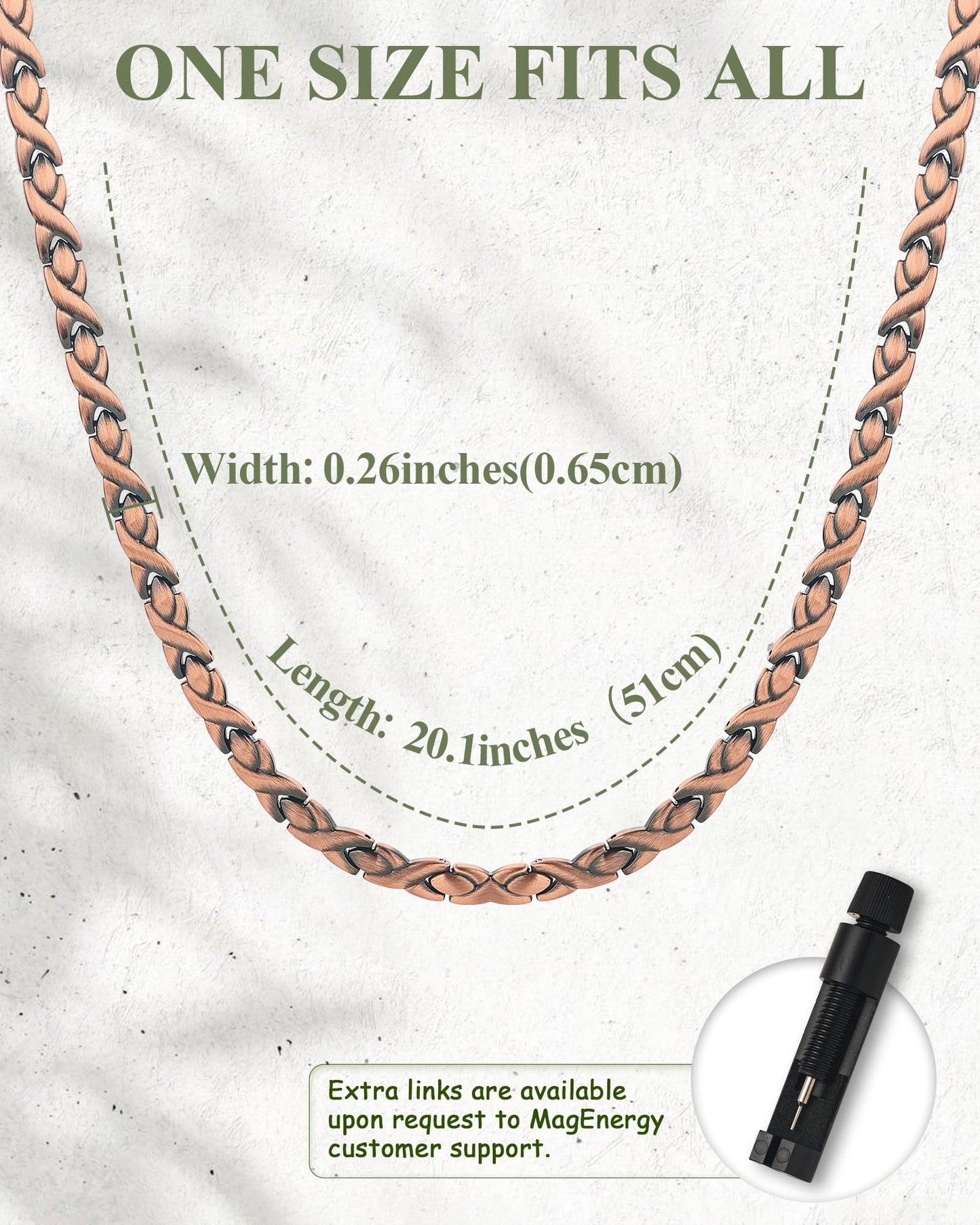 MagEnergy Copper Necklace for Men Women, Magnetic Necklace with 3500 Gauss Ultra Strength Neodymium Magnets, Adjustable Magnetic Jewelry with Sizing Tool (Vintage)
