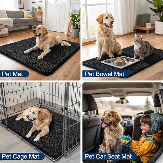 Smiry Dog Door Mat for Muddy Paws 34x21, Absorbs Moisture and Dirt Doormat, Non-Slip Washable Quick Dry Chenille Front Door Mat Indoor Entrance, Entryway Carpet for Inside Floor, Black