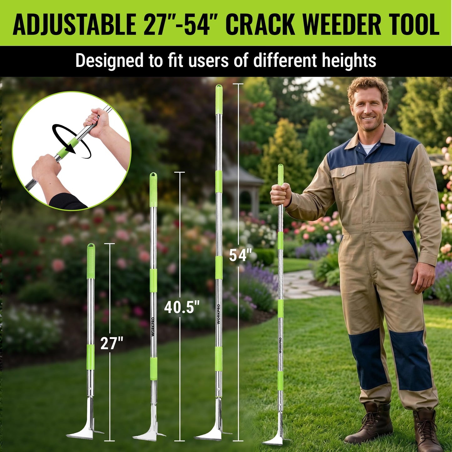 WORKPRO Crack Weeder, Stainless Steel Crevice Weeding Tool with Adjustable Long Handle(27"-54"), L-Shaped Weed Removal Scraper, for Garden Lawn Yard Patio Terrace Paving Garden Hand Tool