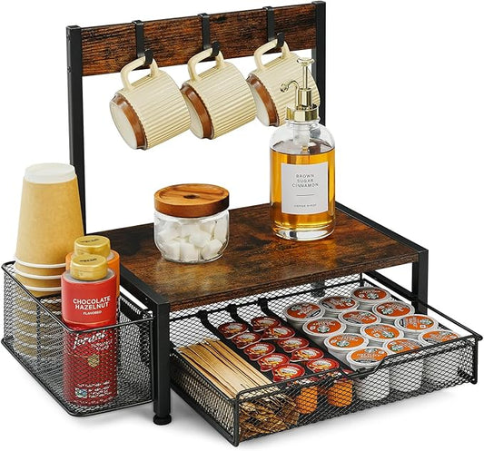 Poyilooo Coffee Bar Organizer with K Cup Holder,Coffee Pod Drawer Holder for 24 Pod Capacity, Storage Drawer with Dispoable Cups & Lids Holder, Coffee Bar Station Organier for Countertop, Kitchen