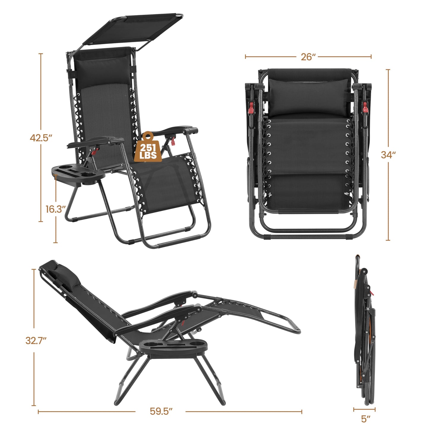 Yaheetech Outdoor Zero Gravity Chair Foldable Recliner Adjustable Patio Lounge w/Canopy Shade, Side Cup Holder Tray, Carry Strap for Garden Beach Lawn Deck Black/1