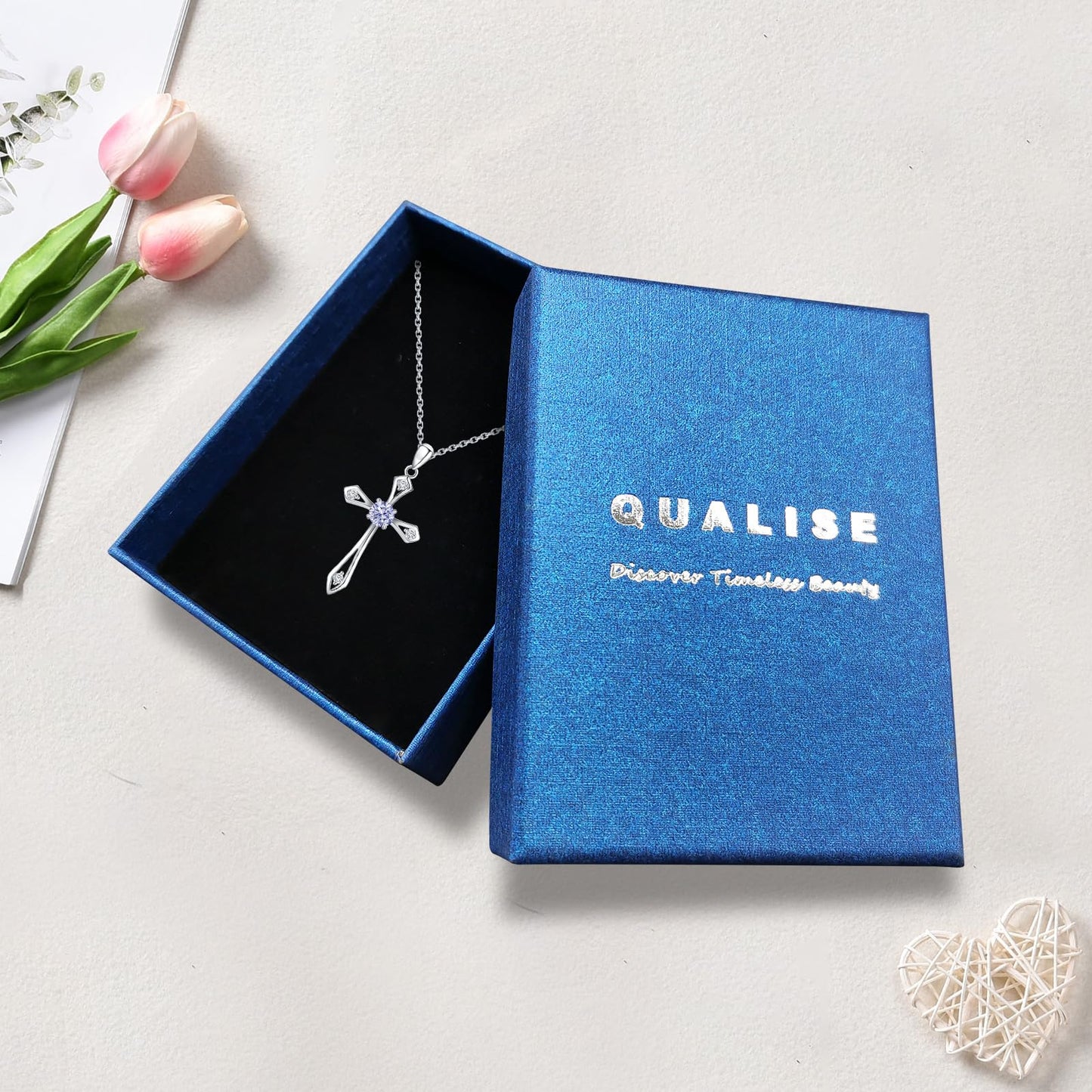 QUALISE Cross Necklace for Women,925 Sterling Silver June Birthstone Necklace Cross Pendant 5A CZ 12 Birth Months Birthstone Fine Jewelry Birthday Gifts for Her Wife Mom
