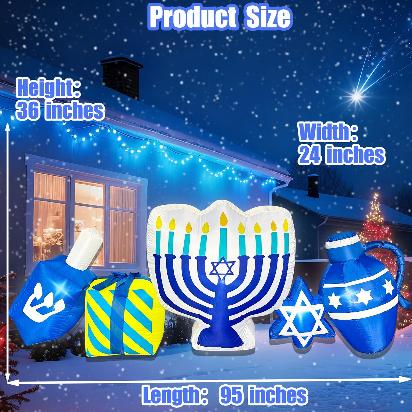 BLOWOUT FUN 8FT Hanukkah Inflatables Menorah Dreidel Gift Box Star Combo Built-in LED Lights Chanukkah Inflatable Decor Hanukkah Blow Up Decorations Outdoor Indoor Yard Garden Lawn Home Party