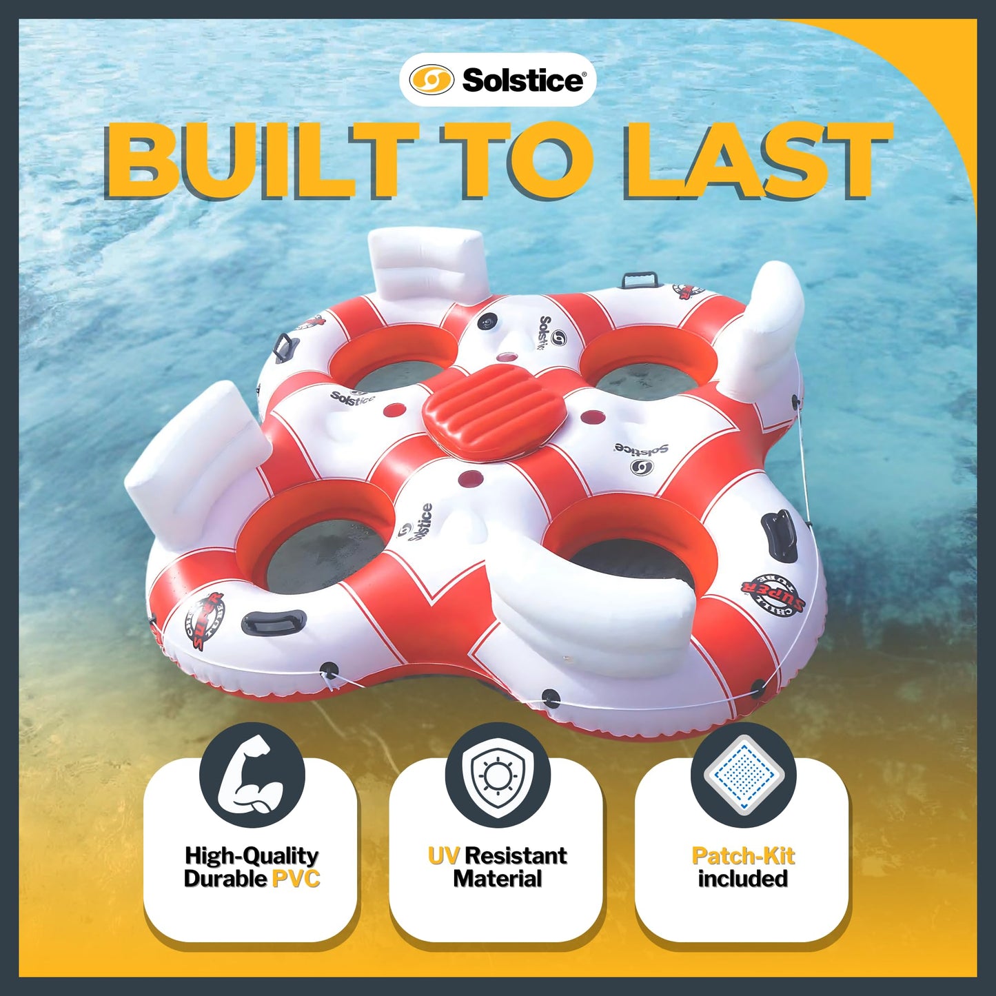 SOLSTICE Inflatable Tube Float – Heavy-Duty Material with Grab Handles for Pool, Lake & River – Compact with Backrest, Mesh Base, Cupholders & Rope – 4-Person, White & Red, 89" – Super Chill