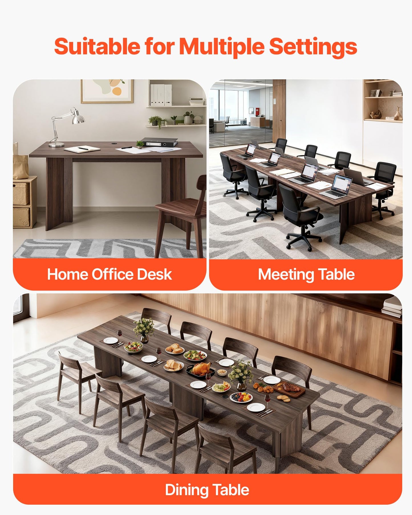 VEVOR 63 in Executive Desk, Large Modern Rectangle Office Table, Heavy Duty Wooden Executive Table with Cable Connection Hole, 250 LBS Load Capacity, Easy Assembly, for Work Study Writing, Walnut
