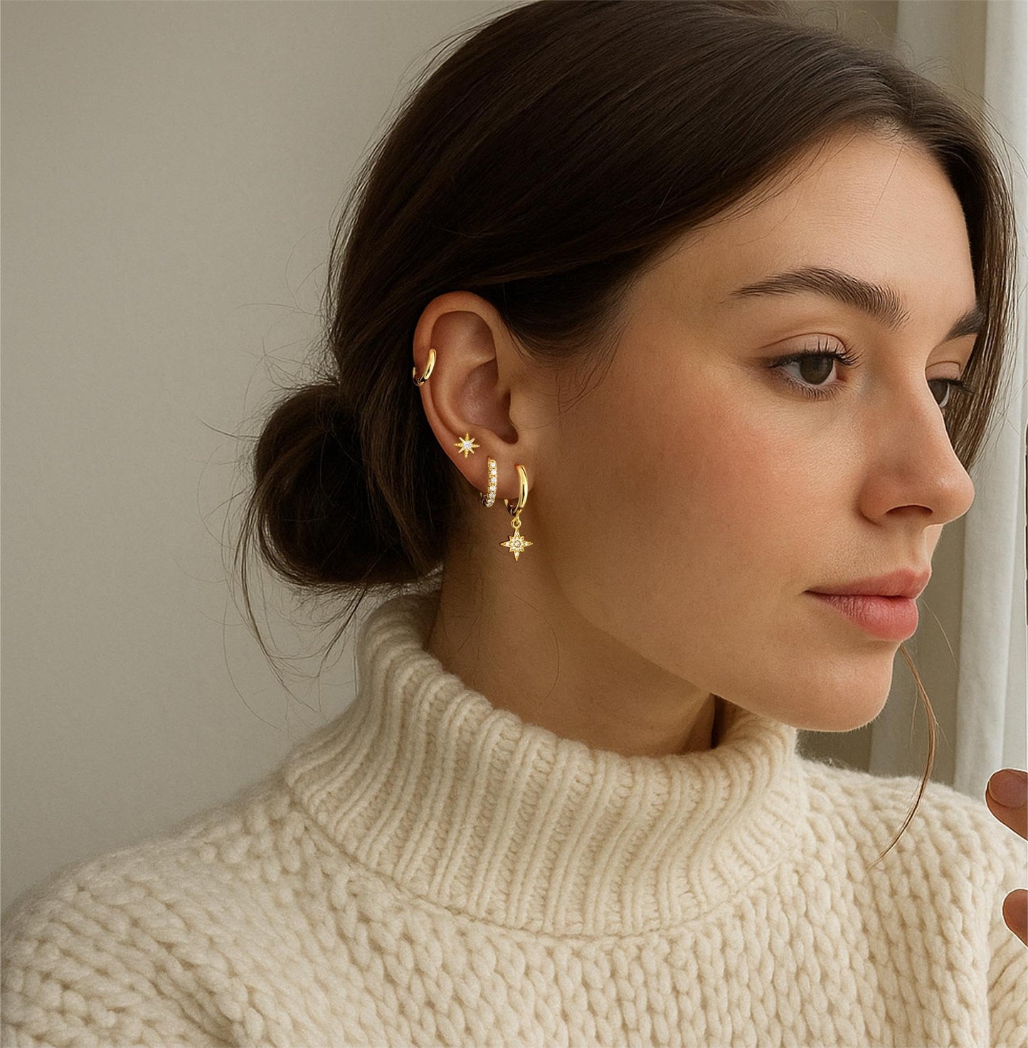 Gold Star Earrings for Women Gold Star Dangle Stud Stack Earrings Set, Multiple Piercing Hypoallergenic Lightweight Cute Women Earrings for Sensitive Ears Jewelry Set Gifts for Women