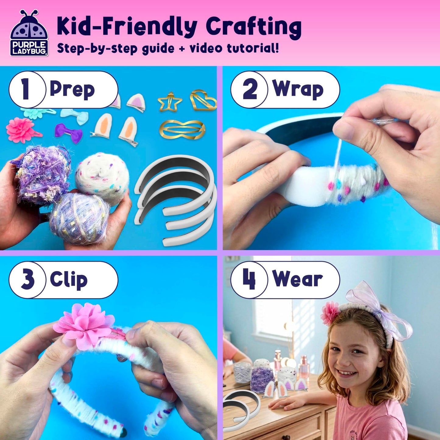 PURPLE LADYBUG Yarn Headbands for Girls - Great 5 Year Old Girl Gifts, Fun 7 Year Old Girl Birthday Gifts Idea, Girls Hair Accessories, Arts and Crafts for Kids Ages 6-8, Make Your Own Kids Headbands