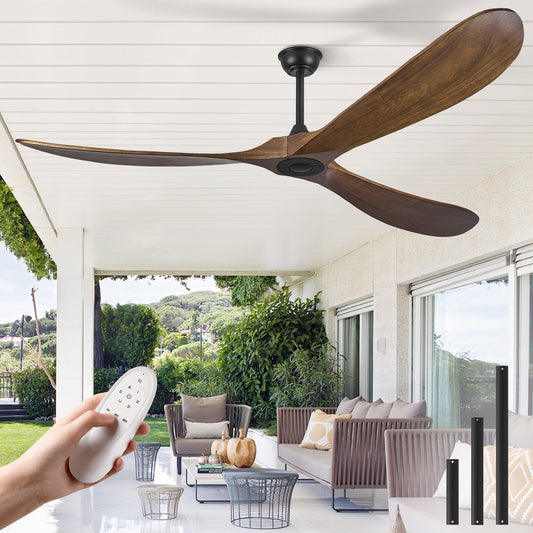 72 Inch Ceiling Fans without Lights, Wood Large Ceiling Fan no Light and Remote Control, Modern Indoor Outdoor Ceiling Fan no Light 3 Blade Propeller for Patios Farmhouse Garage High cfm, Dark Walnut