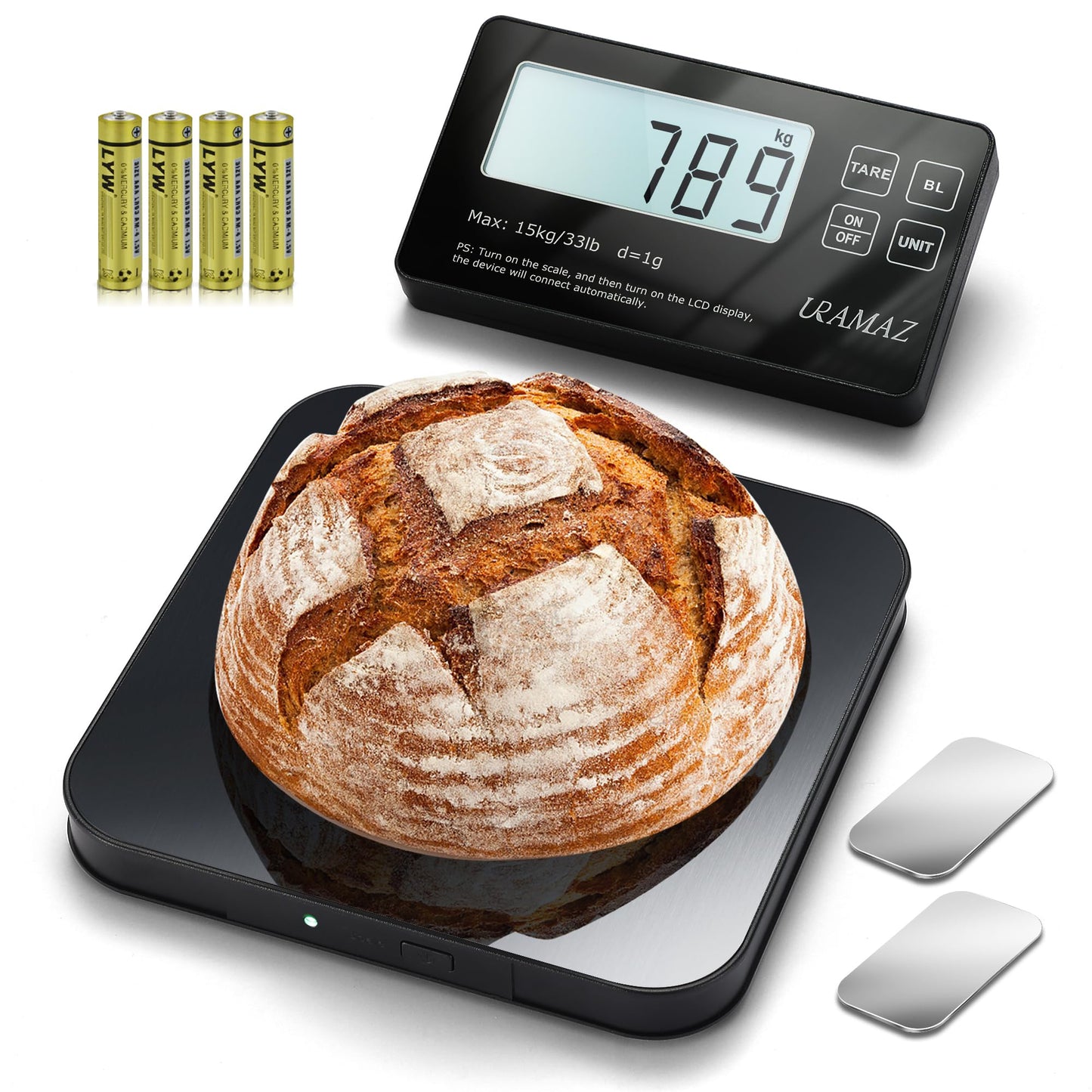 Food Scale with Detachable Display, 33lb Stainless Steel Kitchen Scales Digital Weight Grams and Ounces, Digital Food Scales for Kitchen, Baking Scale for Sourdough Bread Cooking, Weight Loss 1g/0.1oz
