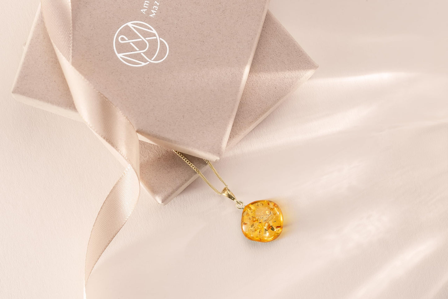 Amber by Mazukna Natural Baltic Amber Pendant for Women, Cognac Drop Necklace with Gold-Plated Sterling Silver Chain, Lightweight 18-inch Jewelry Gift for Everyday Elegance (Amber Cushion)