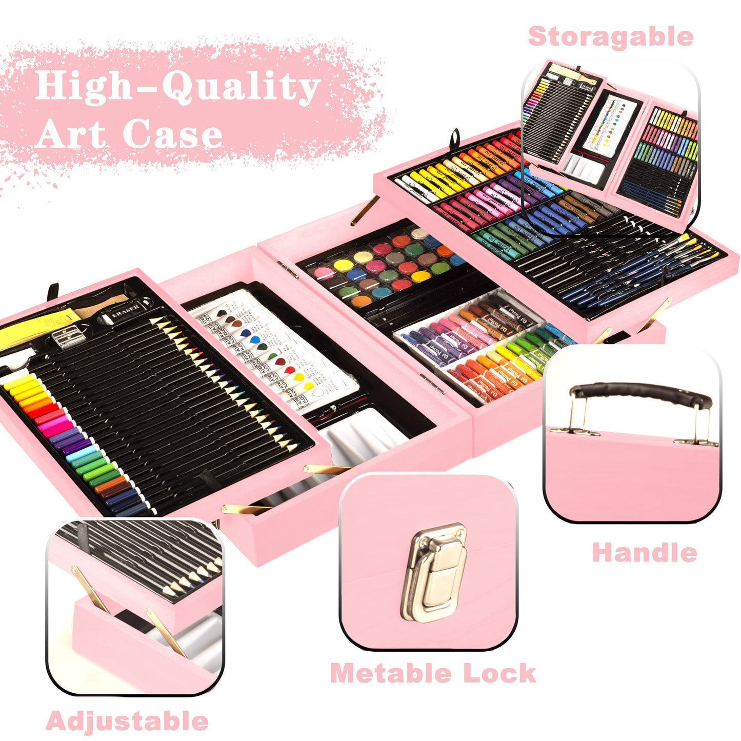 KINSPORY 168 Pack Wooden Art Set, Deluxe Painting Drawing Kit with 3 Coloring Books, Oil Pastels, Watercolor Paints, Art Crafts Supplies, Creative Gift for Beginners, Kids, Boys, Girls & Artists