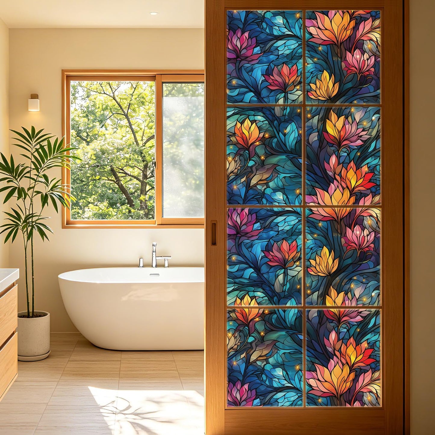 LaCheery 17.5"x157.5" Privacy Window Film Stained Glass Decorative Window Film for Glass Blue Floral Cling Privacy Films Renter Friendly Removable Windows Stickers for Bathroom No Glue Vinyl Anti UV