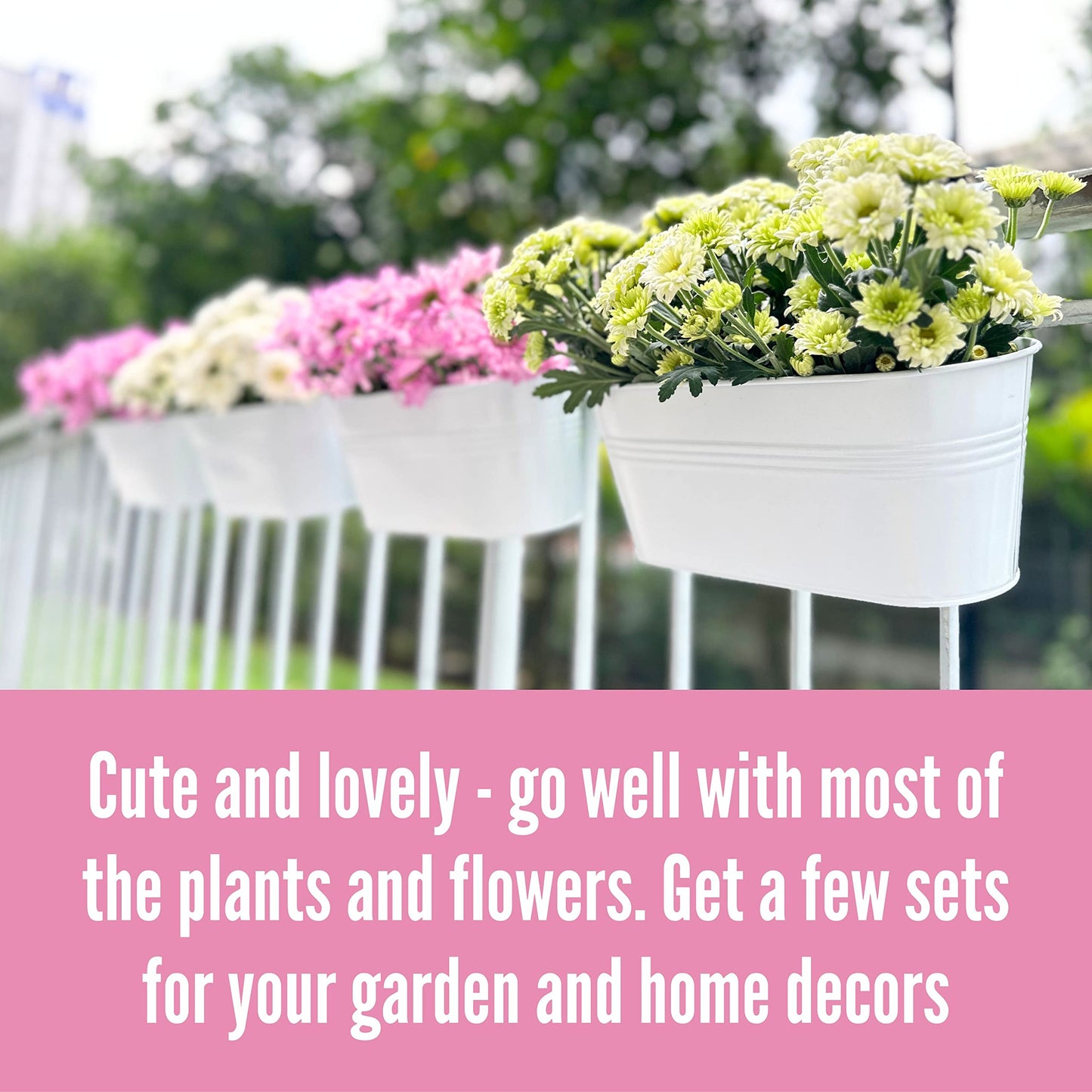 LaLaGreen Rail Planter Outdoor (6 Pack, 11.8 Inch) White Metal Iron Hanging Flower Pots Deck Railings Fence Buckets Modern Countryside Boho Style Wall Mount Window Box Plant Holder Hooks Porch Decor