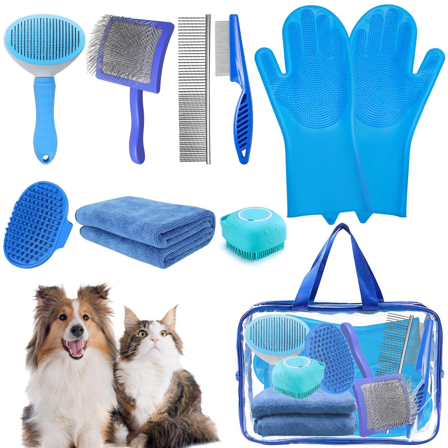 8PCS Dog Slicker Brush for Dogs Grooming Kit,Bath Grooming Kit for Pets,Hair Brush Set with Towel,Washing Gloves,Slicker Comb,and Shampoo Scrubber Brush for Small and Large Dogs and Cats(Blue)