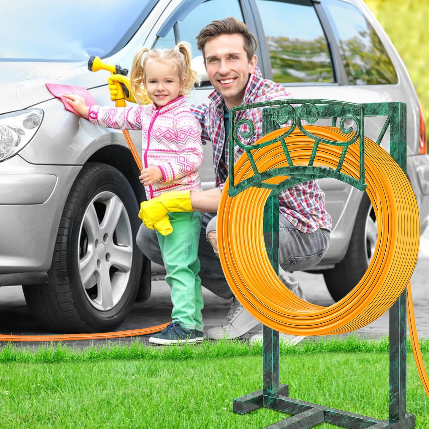 Garden Hose Holder, Heavy Duty Metal Water Hose Holders Hose Stand with 5 Spikes, Freestanding Hose Storage Rack Hose Hanger Holds 150ft Hose for Outside Yard Lawn Garden Decor (Retro Green)