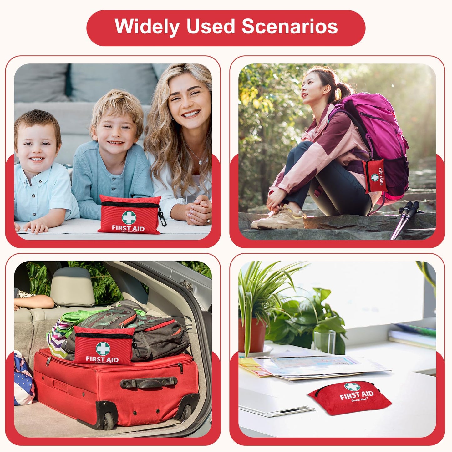 General Medi Mini First Aid Kit, 150 Piece Small First Aid Kit - Includes Emergency Foil Blanket, Scissors for Travel, Home, Office, Vehicle, Camping, Workplace & Outdoor (Red)