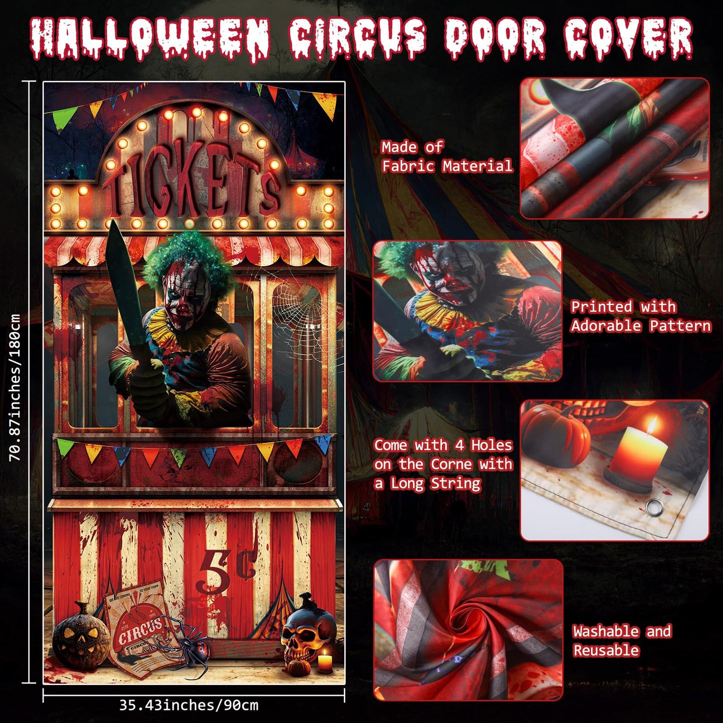 WovWeave 3 Pcs Halloween Creepy Carnival Decorations Include 2 Evil Circus Porch Banner and Scary Ticket Booth Circus Theme Door Cover for Halloween Backdrop Hanging Theme Party Outdoor Decorations