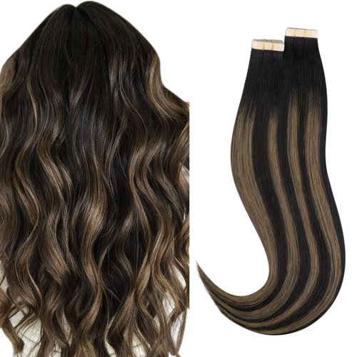 HOTBANANA Tape in Hair Extensions, 18 Inch 40pcs 100g Balayage Natural Black to Chestnut Brown Straight Remy Human Tape Hair Extensions