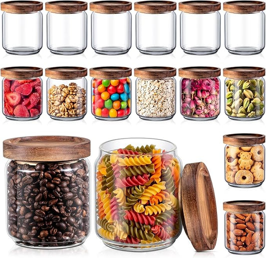 Irenare 16 Pack Glass Containers Canister Set, 17 oz Food Storage Spice Jars with Airtight Lids, Clear Kitchen Containers for Coffee Sugar Tea Beans Nuts Candy Pantry Organization (Wood)