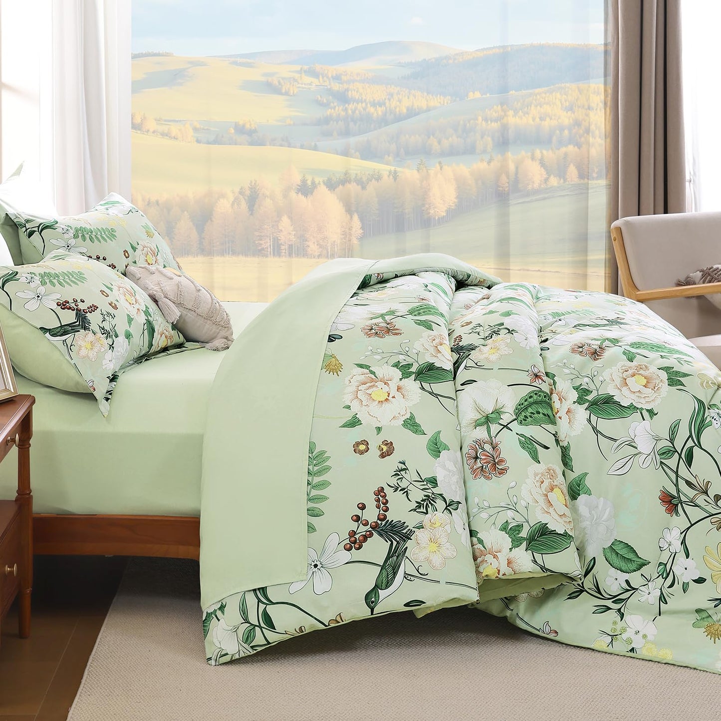 Anibedding 7Pieces Floral King Size Comforter Set, Green Garden Plant Style Bed in a Bag Flower Bedding with Pillow Case for Bedroom
