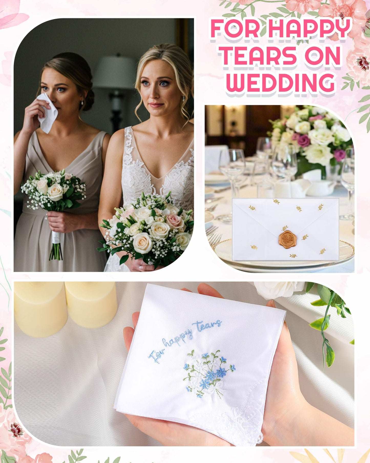 12 Set 6/12 Sets Embroidered For Happy Tears Wedding Handkerchiefs 11" x 11" with Lace Mother of the Bride Gifts for Bride Party